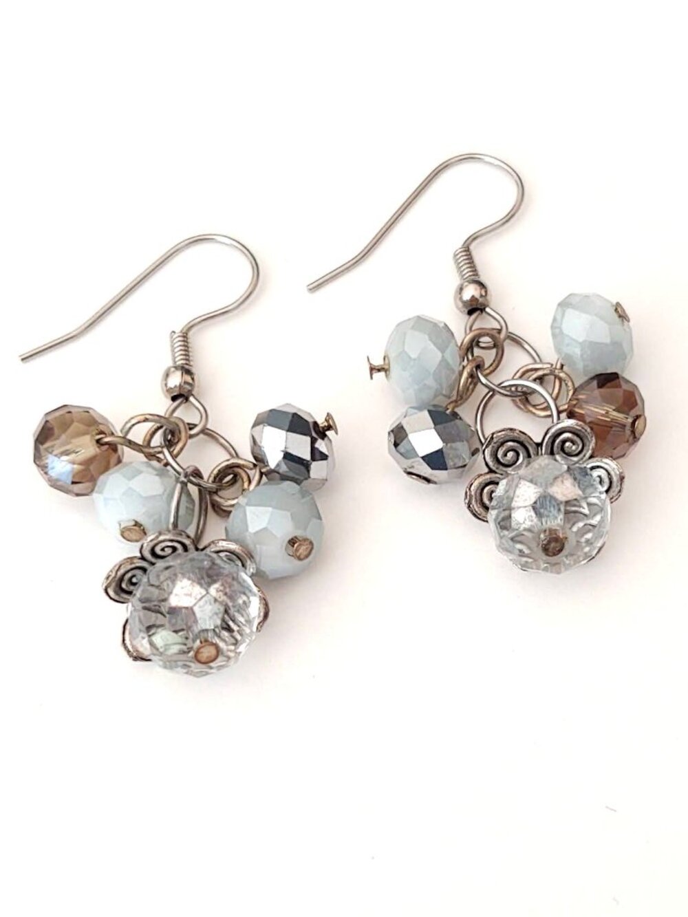 Clear, shimmery gray, smoke beaded dangle earrings